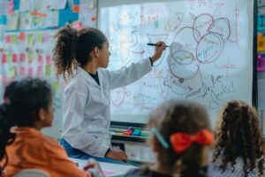 A teacher writes on a whiteboard, explaining a concept to her st