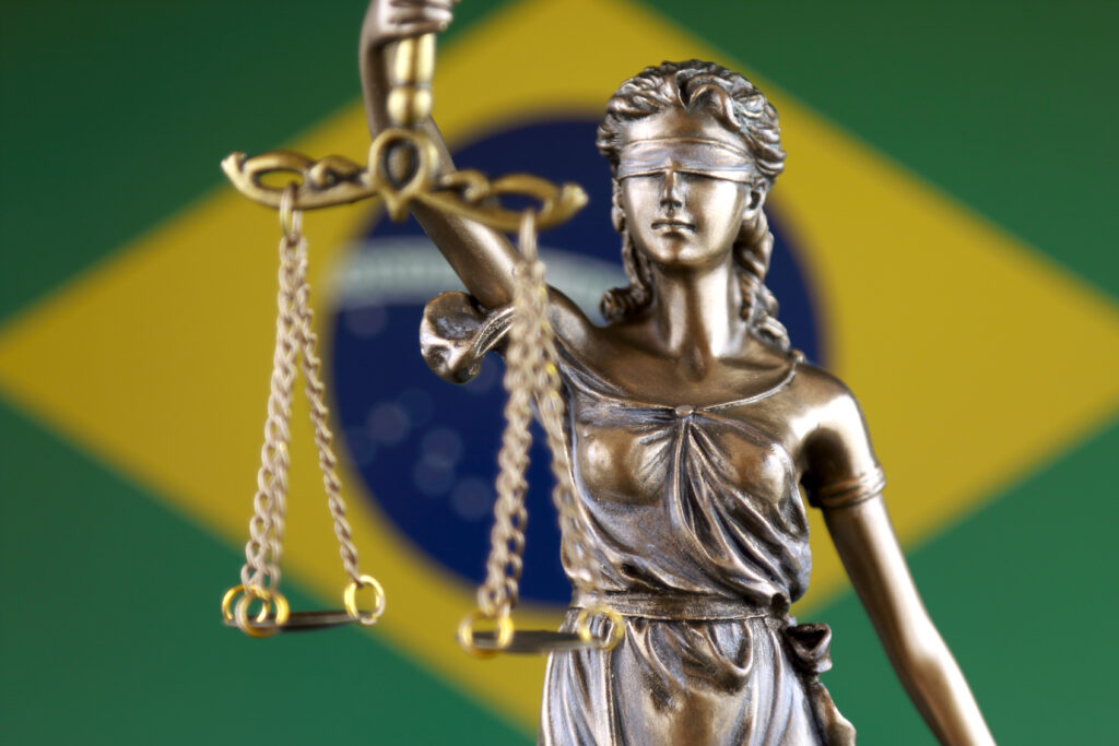 Symbol of law and justice with Brazil Flag Close up