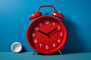 Red alarm clock isolated on blue background Retro alarm clock Old fashioned alarm clock