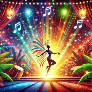 DALL·E A vibrant and energetic concept art inspired by samba and Brazilian music The scene shows a colorful stage with dazzling lights, tropical elements li